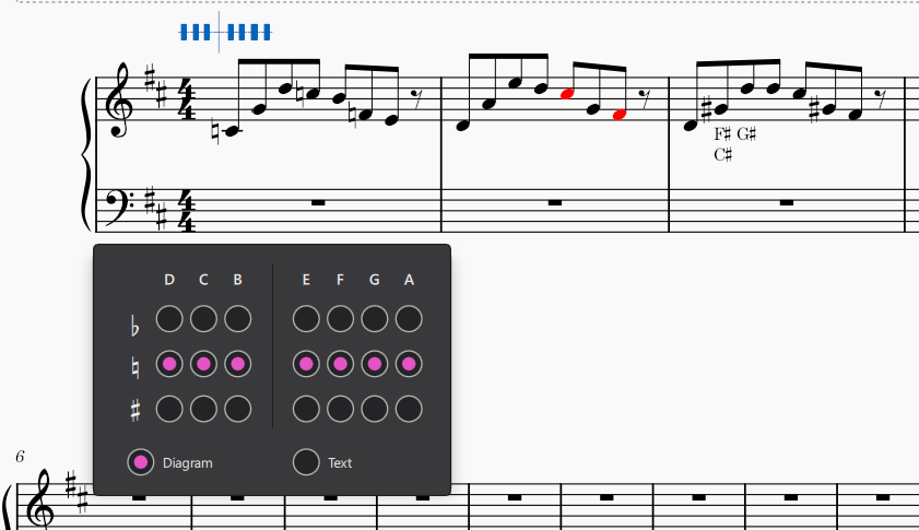 Screenshot showing harp pedalling UI and diagrams in a score with proofreading showing unplayable notes in red